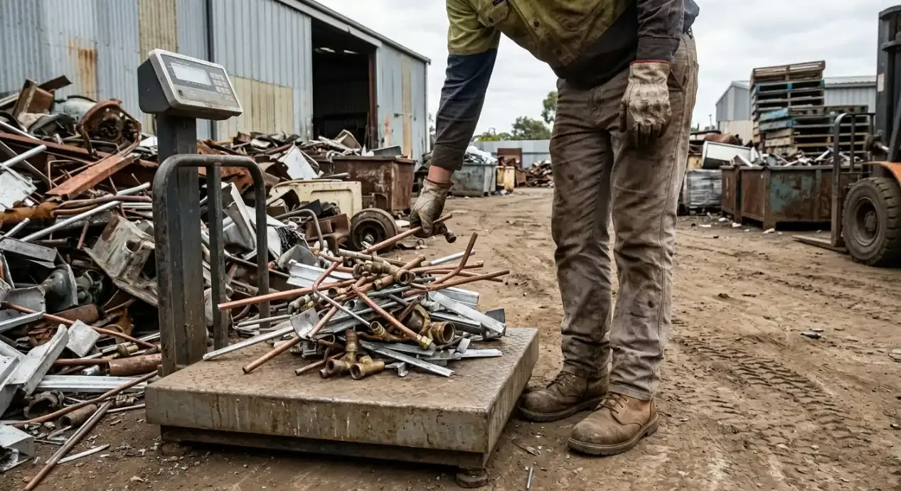 Scrap Metal Weighing and Sorting Worker sorting and weighing scrap metal at a recycling yard